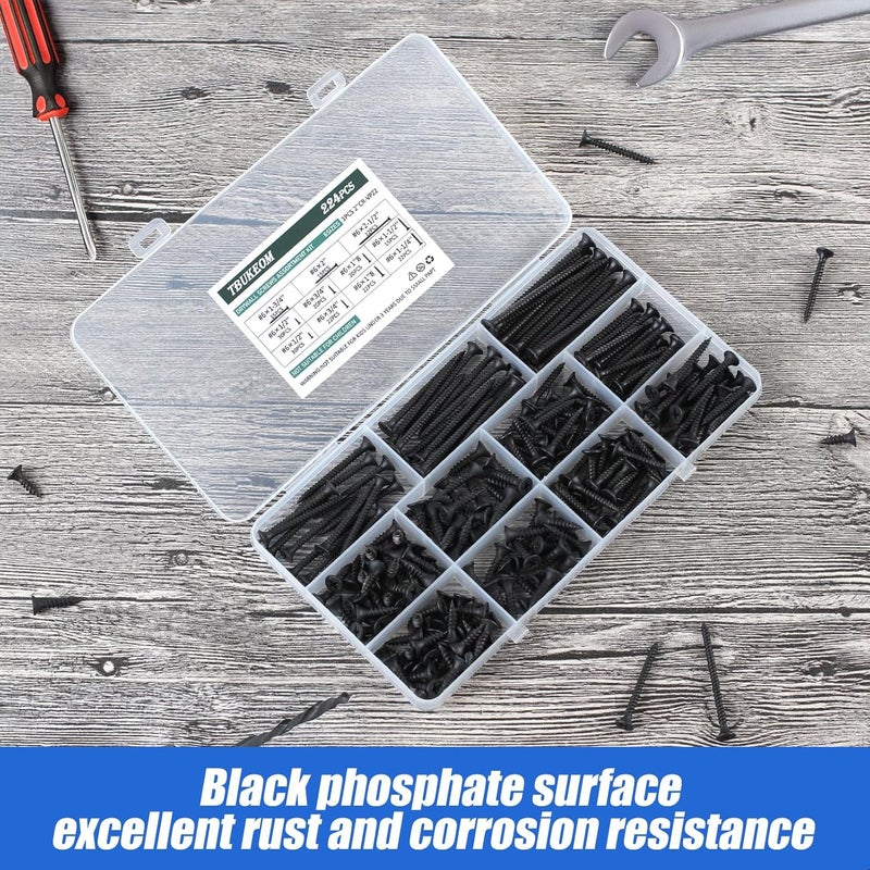 TBUKEOM Screws Assortment Kit, 224 PCS, High Hardness Phillips Drive Screws Set, Coarse Thread, Black Flat Head Wood Screws, Carbon Steel, Self-Tapping Screws for Wood, 8 Sizes - Image 2